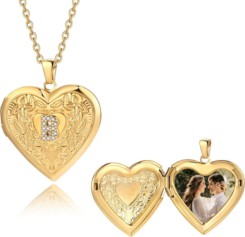 Badu Gold Initial A-Z Necklace for Women Heart Photo Lockets that Hold Picture Love Image Cubic Zirconia Necklace - Image 2